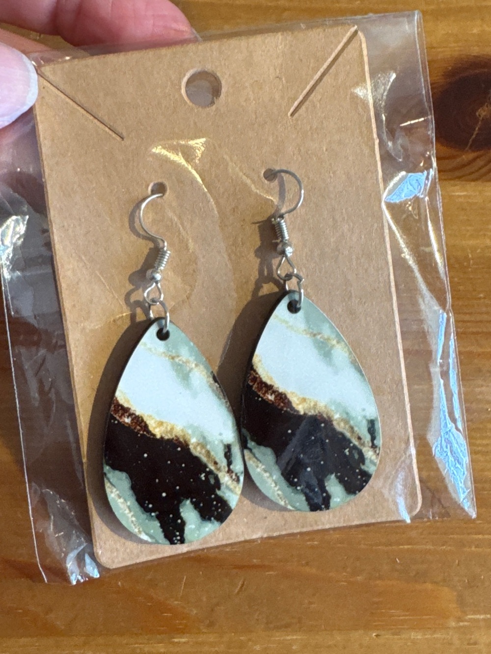 Handmade Teardrop Resin Earrings in Mint, Black & Gold